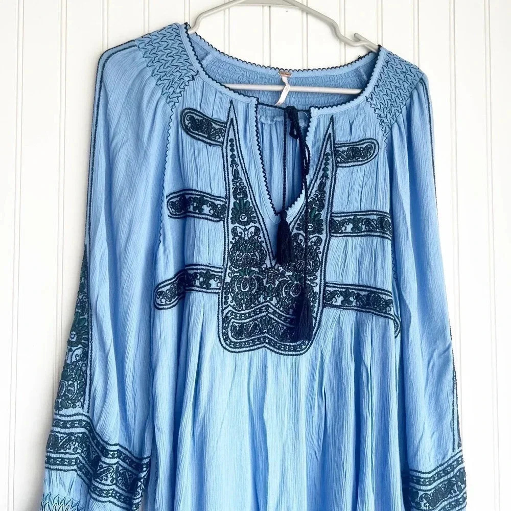 Free People Size S Wind Willow Embroidered Boho Dress Long Sleeve - Picture 3 of 6